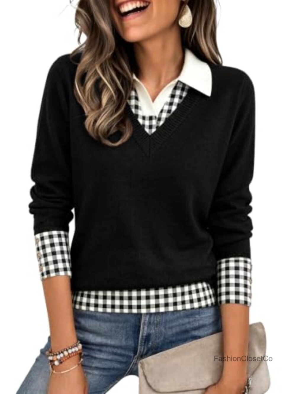 Women's Patchwork Polo V-Neck Sweater Long Sleeve Ribbed Knit Pullover Fall